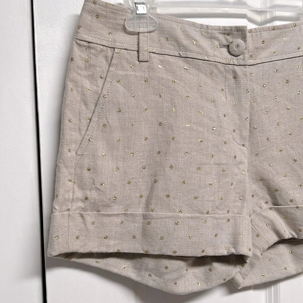 J Crew Beige Gold Sparkles 4 Pocket Mid Rise Cuff Linen Shorts Size 4 City Fit
